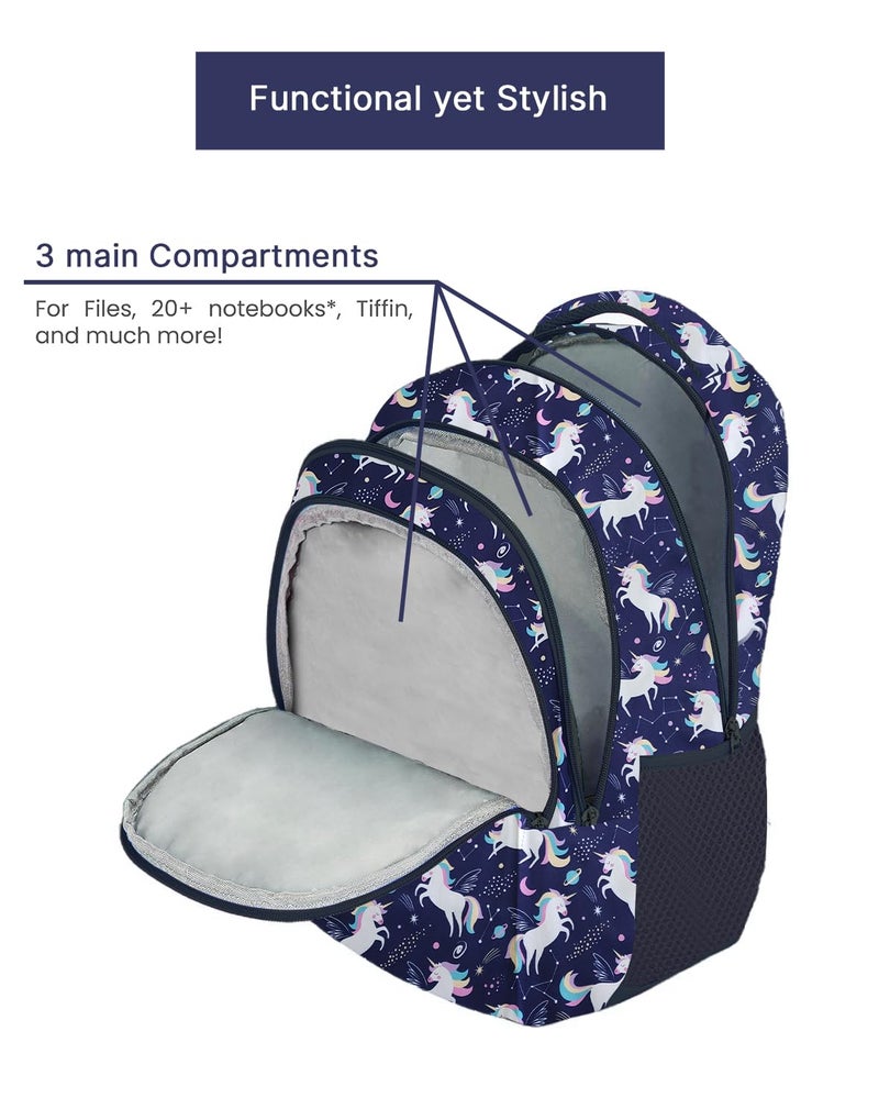 Frantic Waterproof Polyester 26 L 3 Compartment School Backpack with Pencil/Staionery Pouch School Bag Daypack Picnic Bag For School Going Boys & Girls (Blue_Flying_Unicorn_A) - Image 3