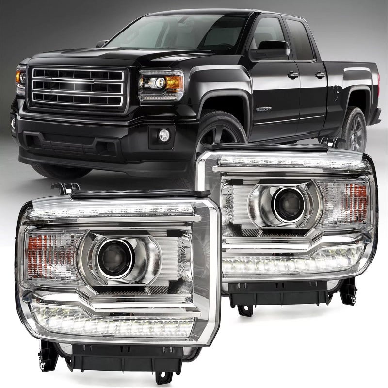 Headlight Assembly for 20142018 GMC Sierra 1500 1519 GMC Sierra 2500HD 3500HD Head Lights Headlamp Halogen wLED DRL Chrome Hosuing Clear For 2014 2015 2016 2017 2018 2019