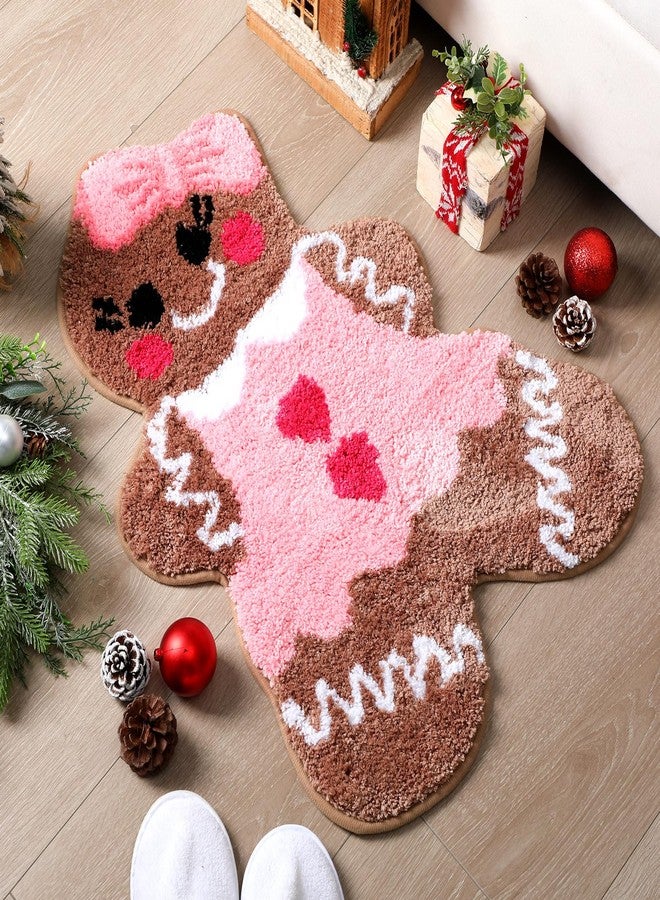 Tinideya Pink Gingerbread Men Bath Mat Christmas Bath Rug Cute Non-Slip Absorbent Mat for Bathroom Floor Tub Decor Gingerbread Microfiber Rug Christmas Bathroom Decoration - Image 1