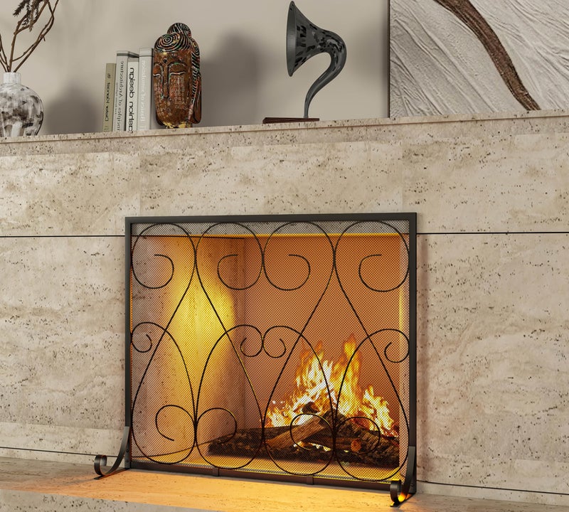 Kingson Single Panel Handcrafted Wrought Iron Symmetric Scroll Flat Fireplace Screen with Sturdy Steel Frame Durable Metal Mesh Decorative Free Standing Fireplace Spark Guard Black Finish - Image 5