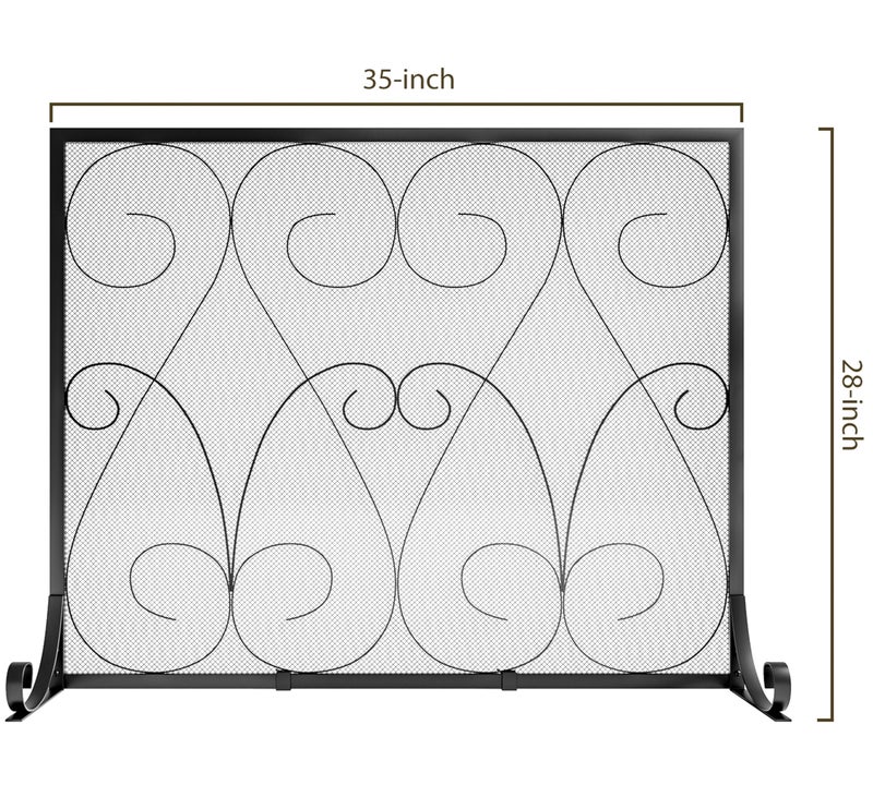 Kingson Single Panel Handcrafted Wrought Iron Symmetric Scroll Flat Fireplace Screen with Sturdy Steel Frame Durable Metal Mesh Decorative Free Standing Fireplace Spark Guard Black Finish - Image 3