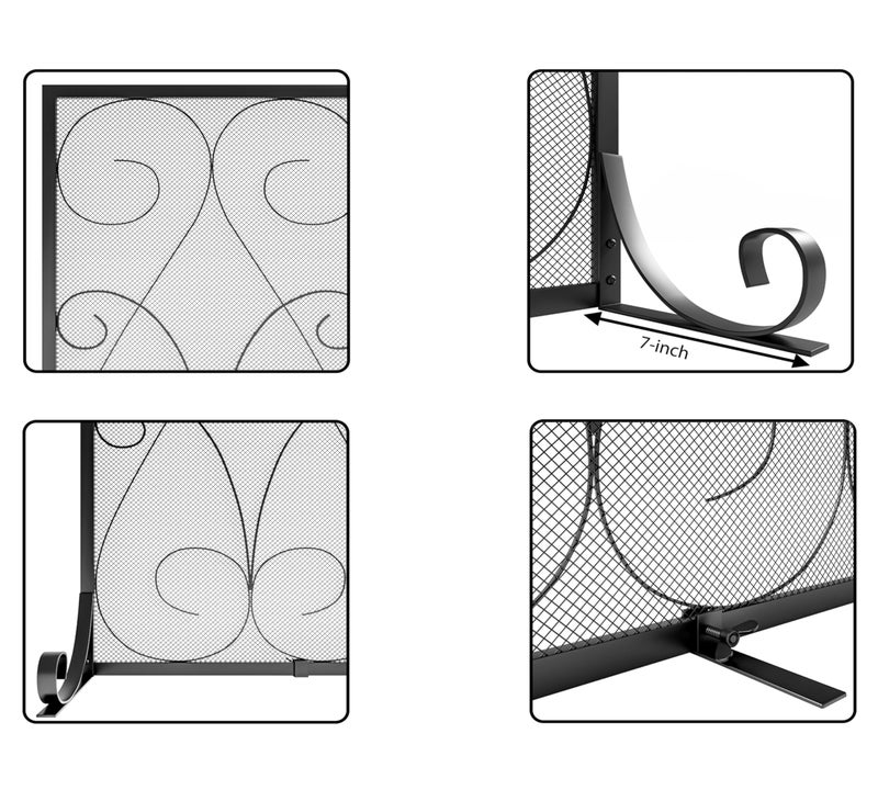 Kingson Single Panel Handcrafted Wrought Iron Symmetric Scroll Flat Fireplace Screen with Sturdy Steel Frame Durable Metal Mesh Decorative Free Standing Fireplace Spark Guard Black Finish - Image 4