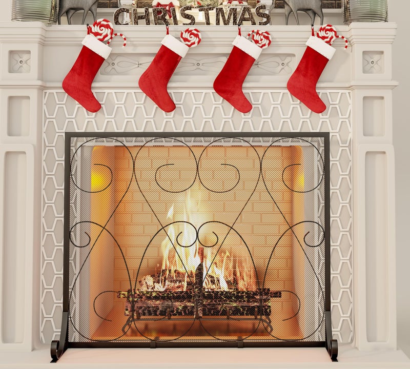 Kingson Single Panel Handcrafted Wrought Iron Symmetric Scroll Flat Fireplace Screen with Sturdy Steel Frame Durable Metal Mesh Decorative Free Standing Fireplace Spark Guard Black Finish - Image 2