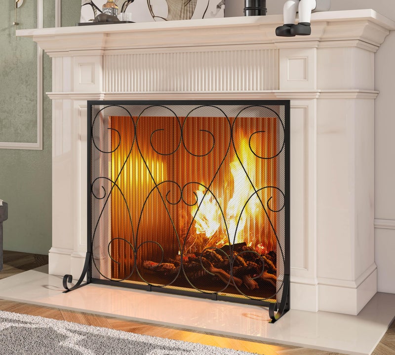 Kingson Single Panel Handcrafted Wrought Iron Symmetric Scroll Flat Fireplace Screen with Sturdy Steel Frame Durable Metal Mesh Decorative Free Standing Fireplace Spark Guard Black Finish - Image 1