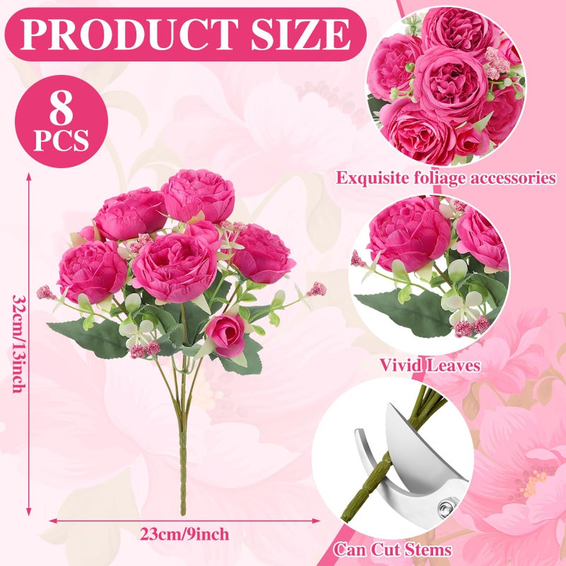 Ovveroche 8 Pack Hot Pink Peonies Artificial Flowers, Fake Silk Hydrangea Bouquet for Bridal Wedding Home Table Decor Reusable Dining Opening Ceremony Birthday Arrangement Faux Floral - Image 2