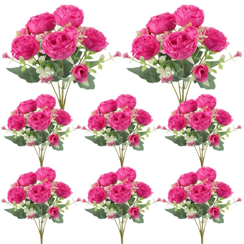 Ovveroche 8 Pack Hot Pink Peonies Artificial Flowers, Fake Silk Hydrangea Bouquet for Bridal Wedding Home Table Decor Reusable Dining Opening Ceremony Birthday Arrangement Faux Floral - Image 1