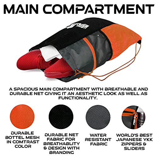 WHACKK Joss Black 9L |Sports Bag|Swimming Equipment Netball Dry Drawstring Bags for Shoes & Clothes|Sports Gear| Accessory Pocket |Gym Tution | 1 Bottle Holder| Accessory Pocket (Orange) - Image 2