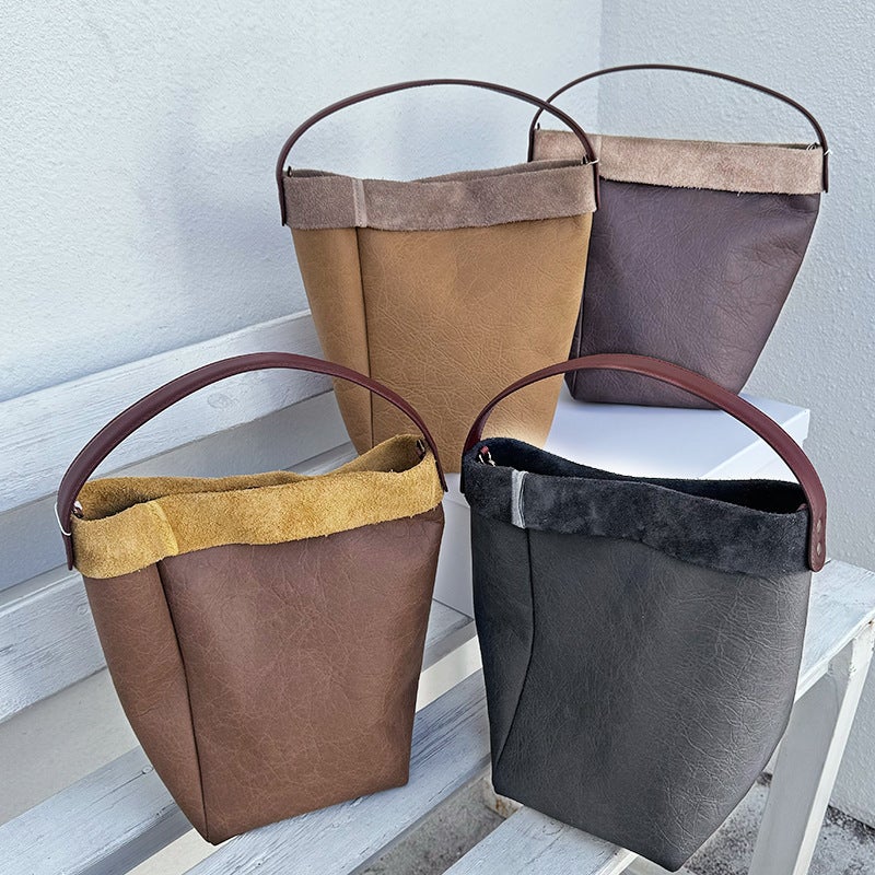 Niche Retro Bucket Bag For Women 2023 New Korean Style Fashion Handbag Simple Top Layer Cowhide Shoulder Messenger Bag - Image 4
