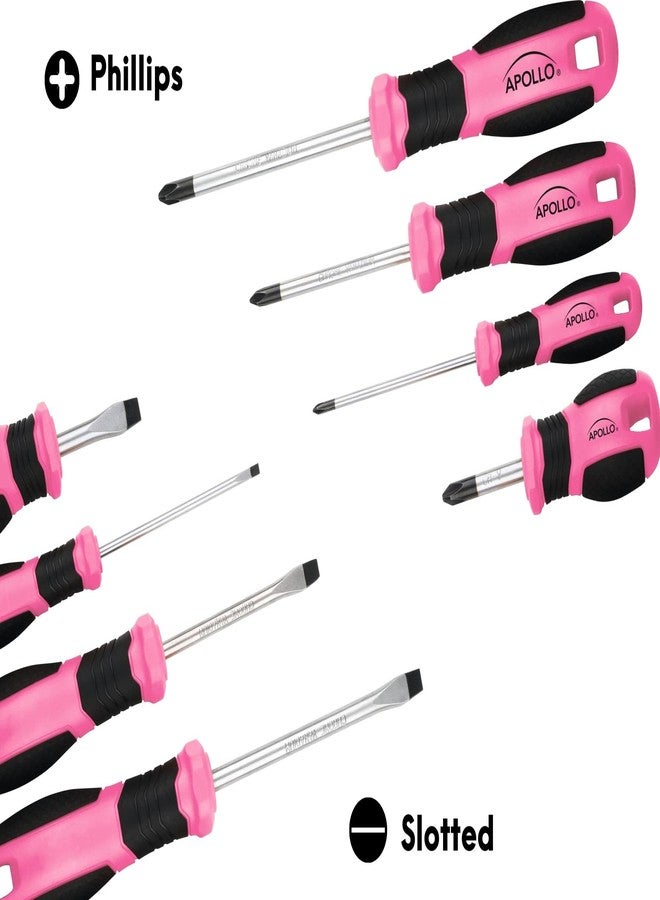 Apollo Tools Pink 8 Piece Essential Screwdriver Set Phillips and Slotted with Magnetic Tips and Non-Slip Comfort Handles. Includes Stubby Screwdrivers for Tight Spaces - Pink Ribbon - Pink - DT5018P - Image 2