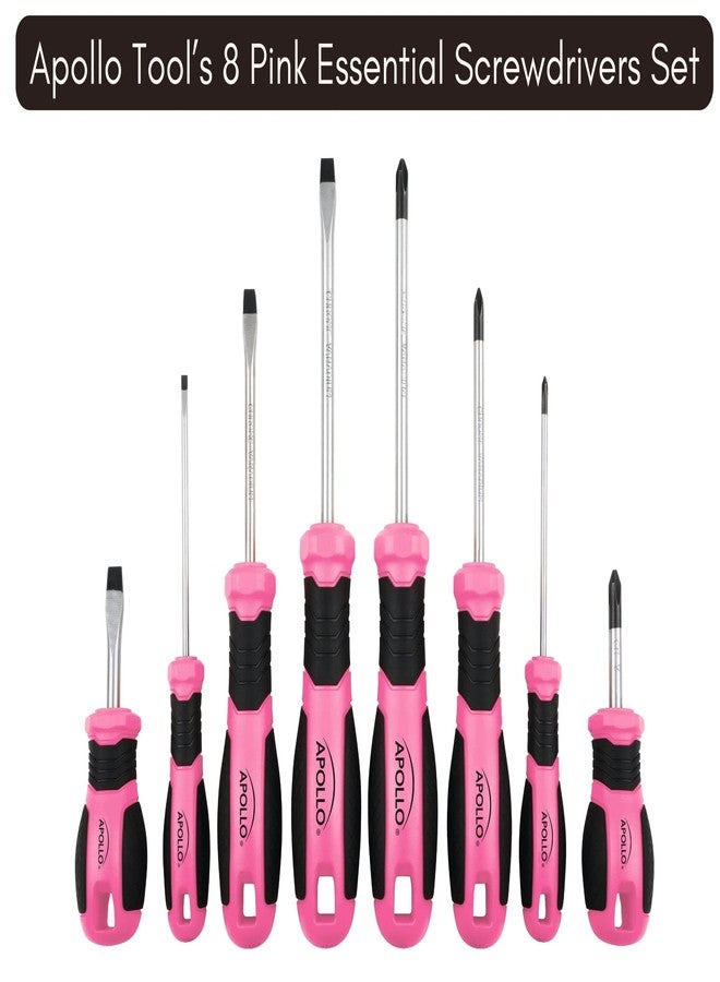 Apollo Tools Pink 8 Piece Essential Screwdriver Set Phillips and Slotted with Magnetic Tips and Non-Slip Comfort Handles. Includes Stubby Screwdrivers for Tight Spaces - Pink Ribbon - Pink - DT5018P - Image 4