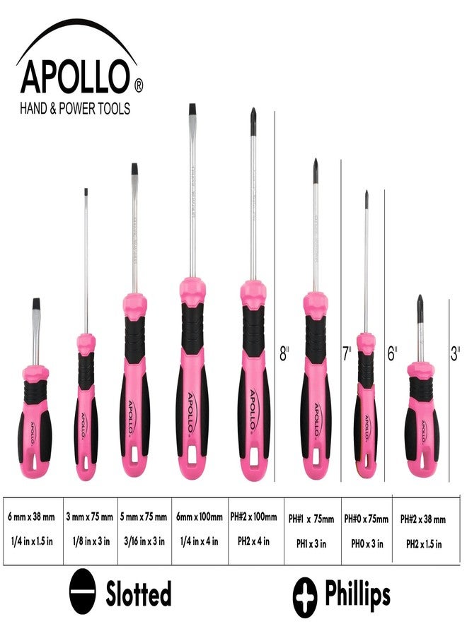 Apollo Tools Pink 8 Piece Essential Screwdriver Set Phillips and Slotted with Magnetic Tips and Non-Slip Comfort Handles. Includes Stubby Screwdrivers for Tight Spaces - Pink Ribbon - Pink - DT5018P - Image 5
