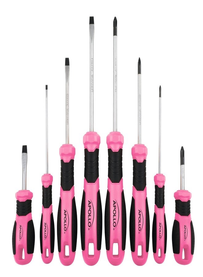 Apollo Tools Pink 8 Piece Essential Screwdriver Set Phillips and Slotted with Magnetic Tips and Non-Slip Comfort Handles. Includes Stubby Screwdrivers for Tight Spaces - Pink Ribbon - Pink - DT5018P - Image 1
