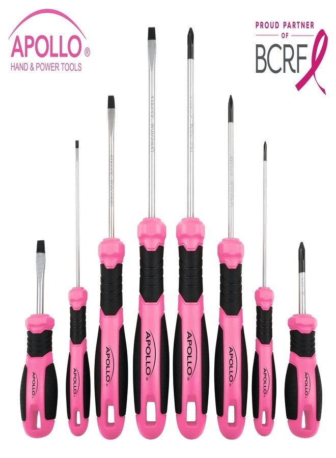 Apollo Tools Pink 8 Piece Essential Screwdriver Set Phillips and Slotted with Magnetic Tips and Non-Slip Comfort Handles. Includes Stubby Screwdrivers for Tight Spaces - Pink Ribbon - Pink - DT5018P - Image 3