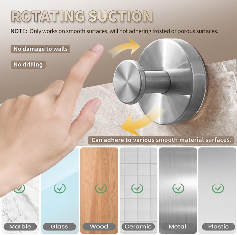 SOCORIA 2026 Upgraded Drill-Free Suction Cup Hooks, Stainless Steel Suction Cup Hooks for Shower, Mirror, Wall, Bathroom, Glass, Hanging Towels - 4 Pack, Brushed Silver - Image 3