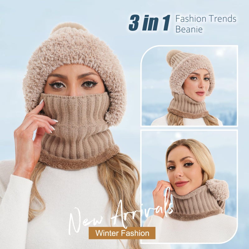 Sumolux 3 in 1 Beanie Hats for Women Fleece Lined Scarf and Mask Outdoors Windproof Knitted Ski Mask Set Khaki - Image 4