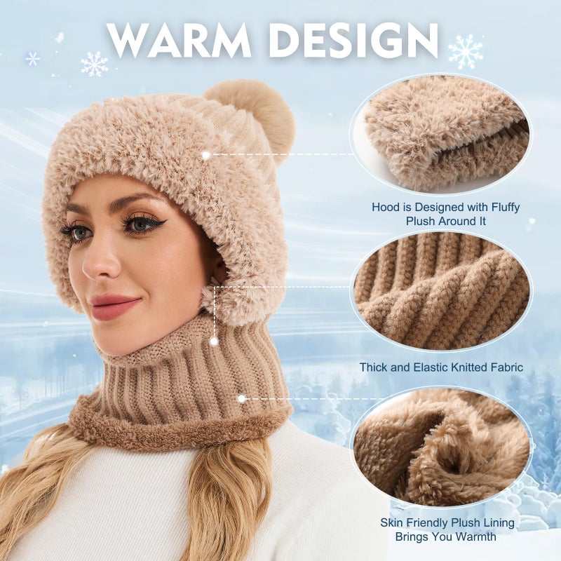Sumolux 3 in 1 Beanie Hats for Women Fleece Lined Scarf and Mask Outdoors Windproof Knitted Ski Mask Set Khaki - Image 2