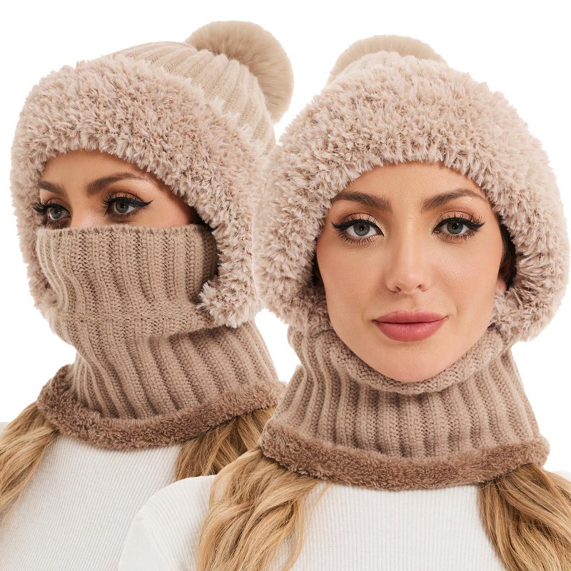 Sumolux 3 in 1 Beanie Hats for Women Fleece Lined Scarf and Mask Outdoors Windproof Knitted Ski Mask Set Khaki - Image 1