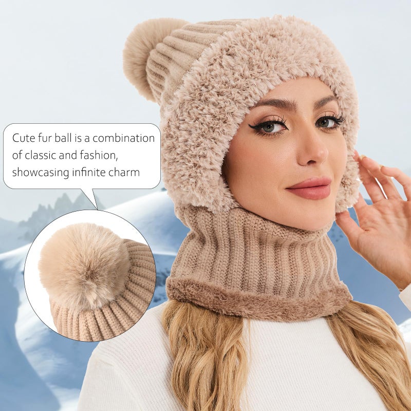 Sumolux 3 in 1 Beanie Hats for Women Fleece Lined Scarf and Mask Outdoors Windproof Knitted Ski Mask Set Khaki - Image 3