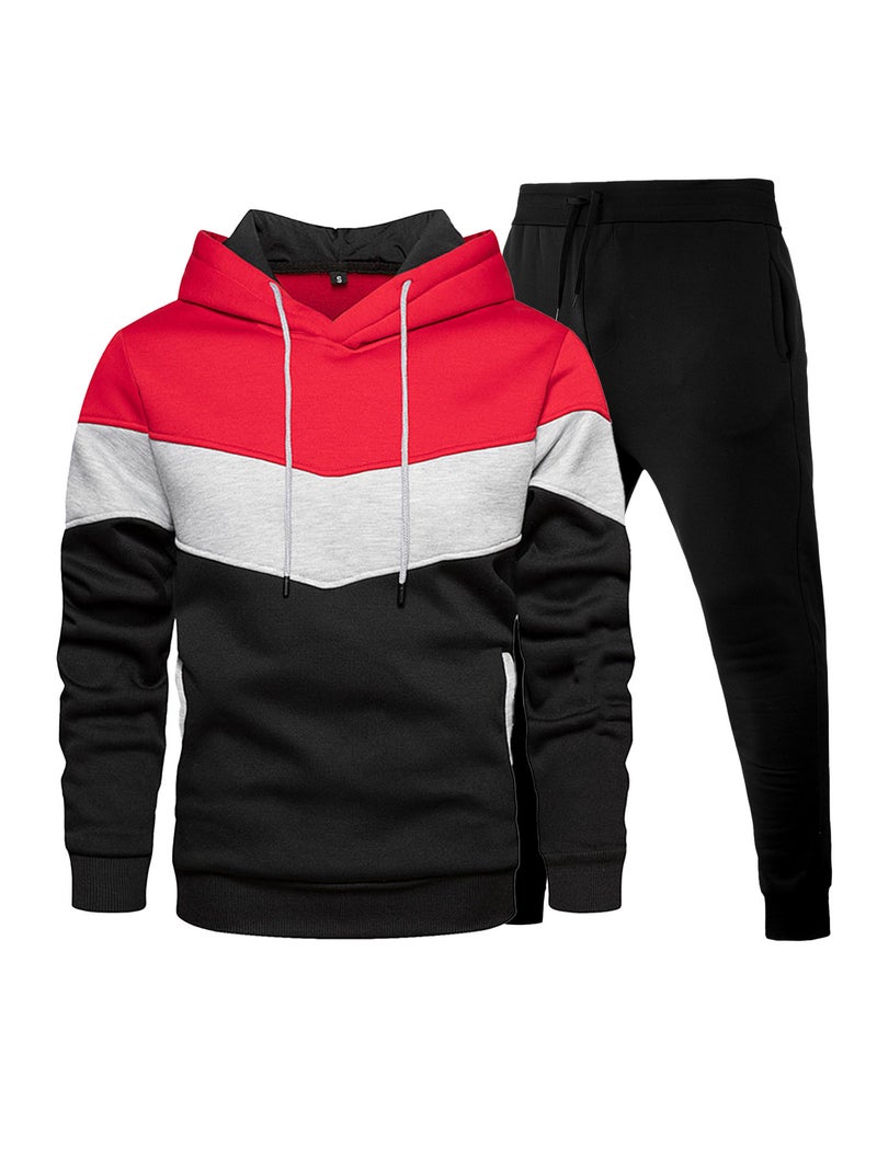 Men's Sports Tracksuit Color Block Hooded Sweatshirt and Pants  Set