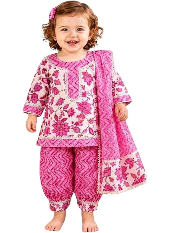Girls Pink Floral Printed Kurta, Pant & Dupatta 3-Piece Ethnic Set