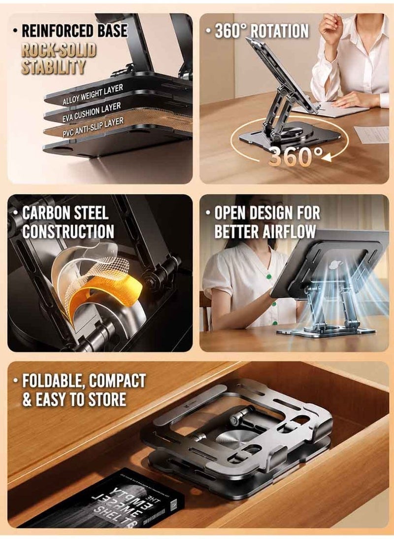 ZARVIONEL 360° Rotating Tablet Stand, Adjustable Foldable Carbon Steel Phone & Tablet Holder with Stable Base, Multi-Angle Desktop Stand for Office, Study, Video Calls and Viewing - Image 2