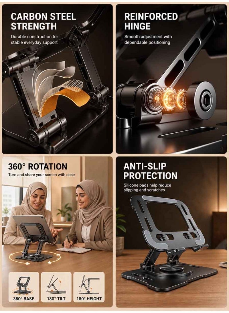 ZARVIONEL 360° Rotating Tablet Stand, Adjustable Foldable Carbon Steel Phone & Tablet Holder with Stable Base, Multi-Angle Desktop Stand for Office, Study, Video Calls and Viewing - Image 3