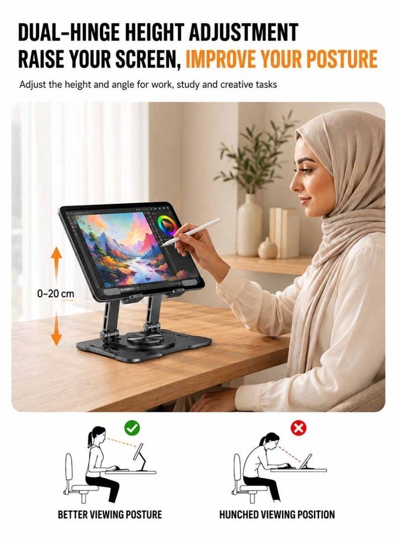 ZARVIONEL 360° Rotating Tablet Stand, Adjustable Foldable Carbon Steel Phone & Tablet Holder with Stable Base, Multi-Angle Desktop Stand for Office, Study, Video Calls and Viewing - Image 4