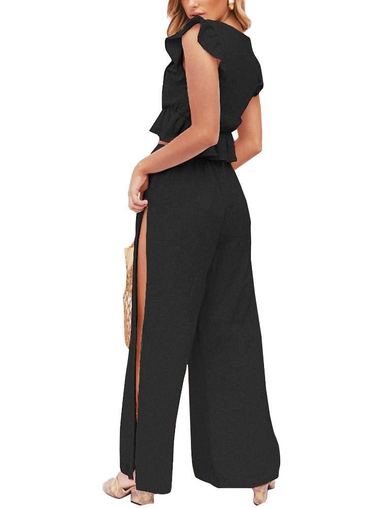 FANCYINN 2 Pieces Black Beach Jumpsuits Outfits for Women Deep V Neck Crop Top Side Slit Drawstring Wide Leg Pants Set Halloween Black Witch XS - Image 3