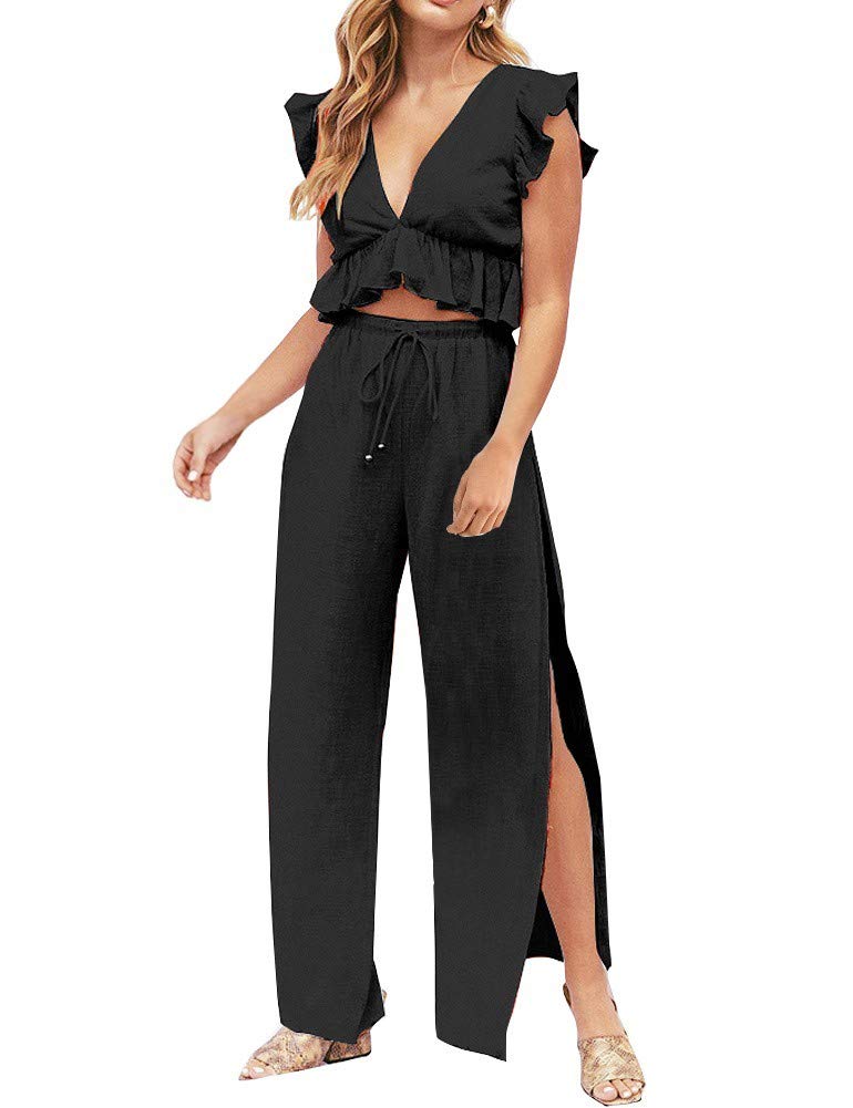 FANCYINN 2 Pieces Black Beach Jumpsuits Outfits for Women Deep V Neck Crop Top Side Slit Drawstring Wide Leg Pants Set Halloween Black Witch XS - Image 1