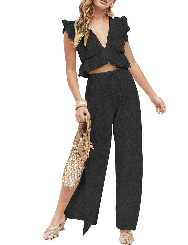 FANCYINN 2 Pieces Black Beach Jumpsuits Outfits for Women Deep V Neck Crop Top Side Slit Drawstring Wide Leg Pants Set Halloween Black Witch XS - Image 5