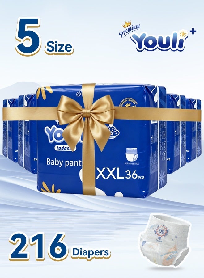 Youli Baby Diapers,Pants Diapers Size 5,12-17 Kg, 360° Leak-Free Fit For Up To 100% Leakage Protection, Ultimate Comfort Rash Protection Jumbo Pack 216 Diapers - Image 1
