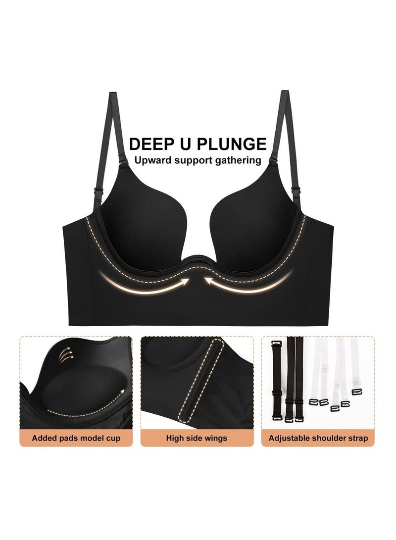 SYOSI Backless Bra, Women's Low Back Bra Deep U Shaped Plunge, Bralette Multiway Convertible with Clear Straps, Push Up Intimates Female Summer, Soft Wire Lifting Bras for Dress Wedding, 36/80 AB - Image 2