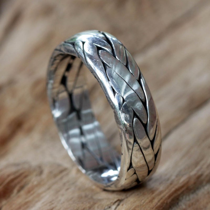 NOVICA Artisan Handmade Sterling Silver Band Ring Unisex Braided from Bali Indonesia [band Width 7 mm W] ' Singaraja Weave' - Image 3