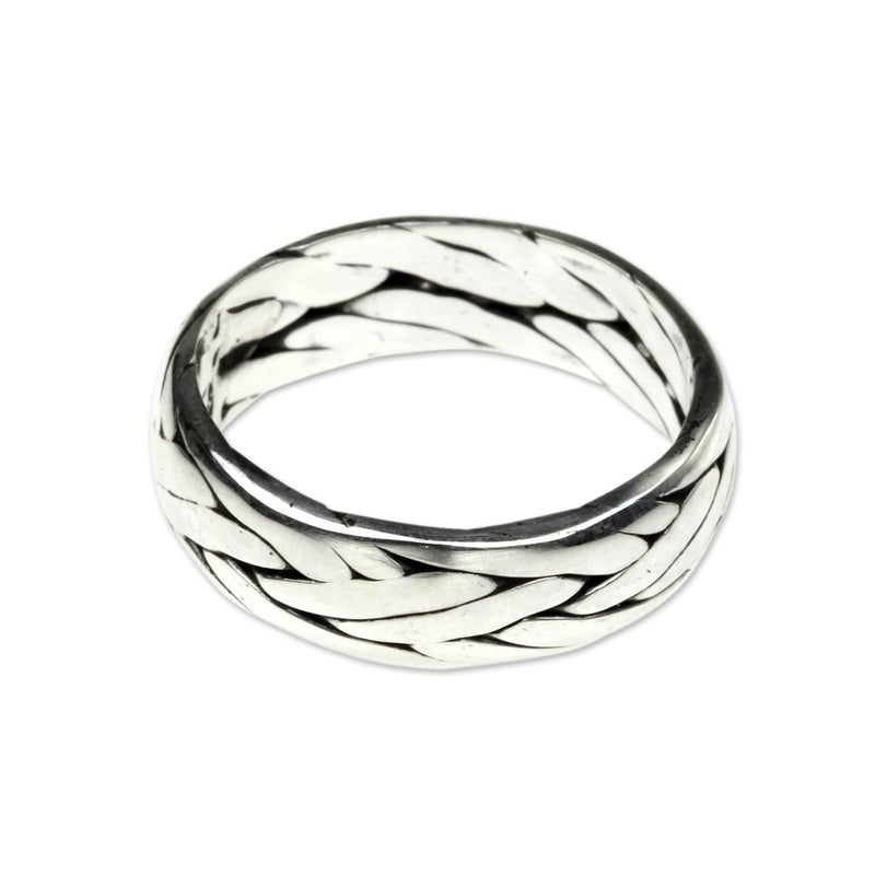 NOVICA Artisan Handmade Sterling Silver Band Ring Unisex Braided from Bali Indonesia [band Width 7 mm W] ' Singaraja Weave' - Image 1