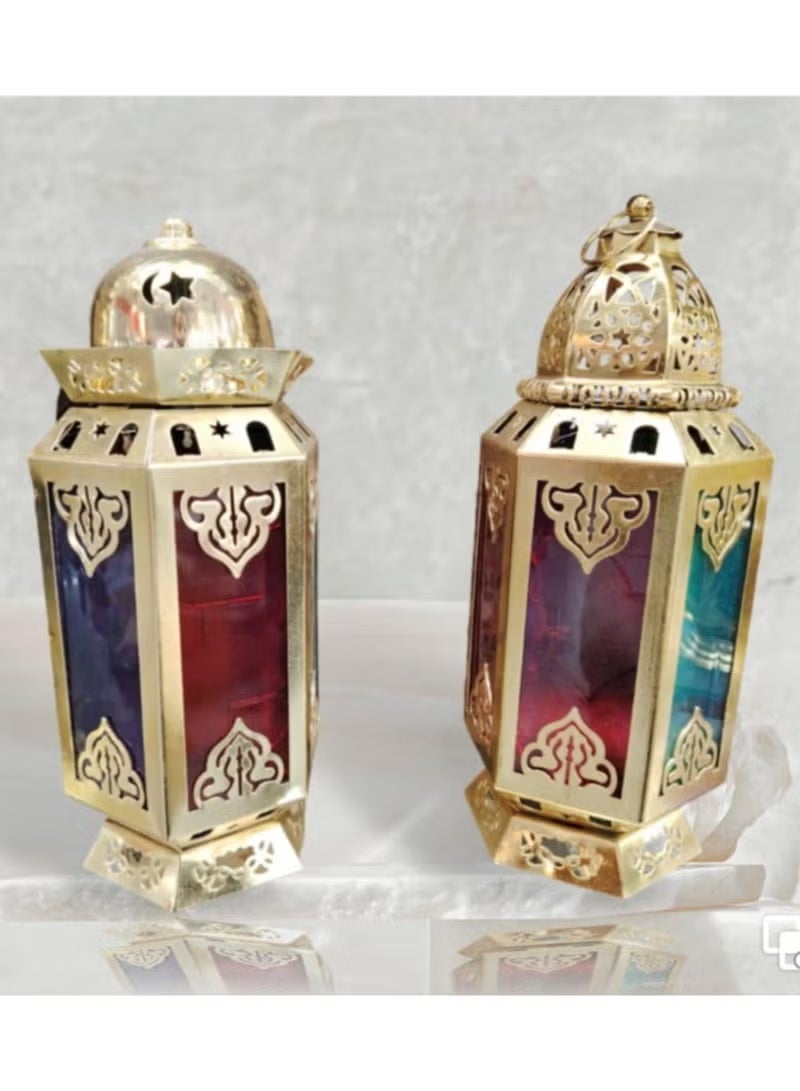 Set Of 2 Classic Gold Metal Ramadan Lanterns With Colored Glass – Led Battery Operated – Home Decor & Ramadan Decor For Hanging Or Shelf – Size: 33 Cm Height × 8×8 Cm Base × 13 Cm Max Width - Image 1