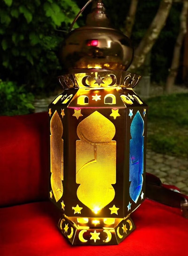 Set Of 2 Classic Gold Metal Ramadan Lanterns With Colored Glass – Led Battery Operated – Home Decor & Ramadan Decor For Hanging Or Shelf – Size: 33 Cm Height × 8×8 Cm Base × 13 Cm Max Width - Image 2