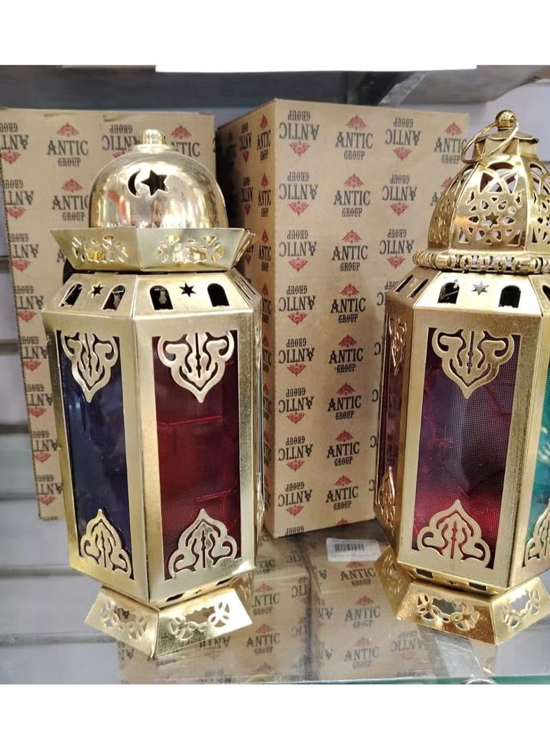 Set Of 2 Classic Gold Metal Ramadan Lanterns With Colored Glass – Led Battery Operated – Home Decor & Ramadan Decor For Hanging Or Shelf – Size: 33 Cm Height × 8×8 Cm Base × 13 Cm Max Width - Image 3