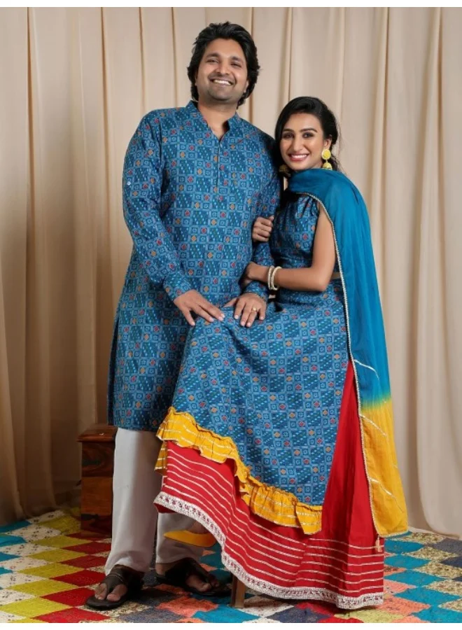 AKS Blue Patola Print Layered Lehenga Choli With Dupatta
