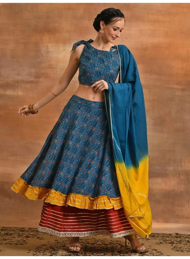AKS Blue Patola Print Layered Lehenga Choli With Dupatta