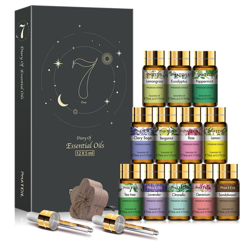 PHATOIL Essential Oil Set, 12x5ml Essential Oils Gift Set with Diffused Wood, 100% Natural Pure Essential Oils for Diffusers DIY Candle Soap Making - Image 1