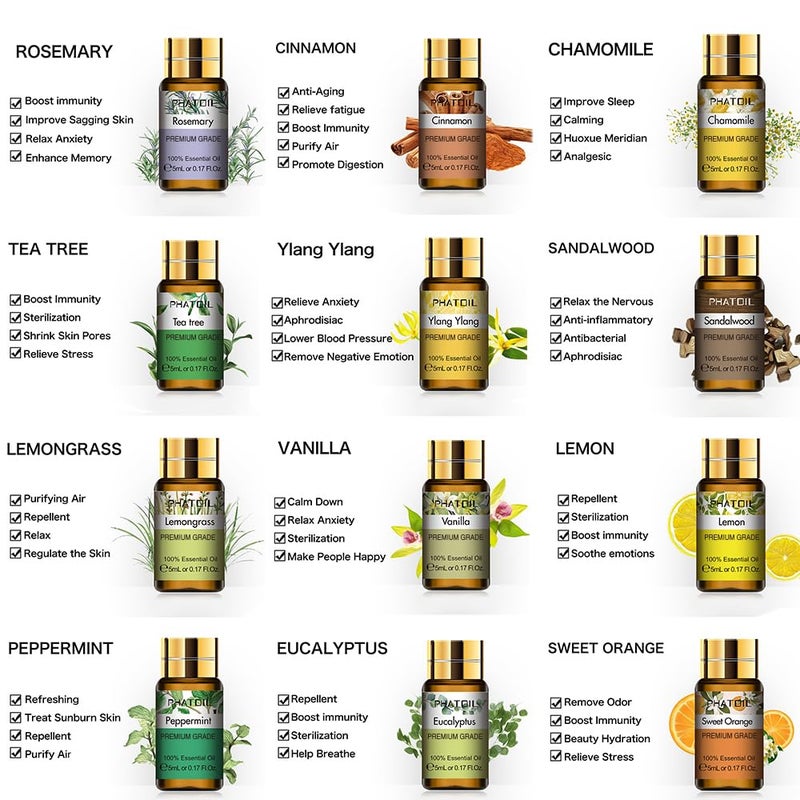 PHATOIL Essential Oil Set, 12x5ml Essential Oils Gift Set with Diffused Wood, 100% Natural Pure Essential Oils for Diffusers DIY Candle Soap Making - Image 2