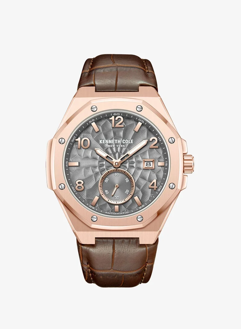 Kenneth Cole New York Kenneth Cole New York 42X50.5mm Automatic Men's Watch with Grey Dial & Brown Genuine Leather Strap
