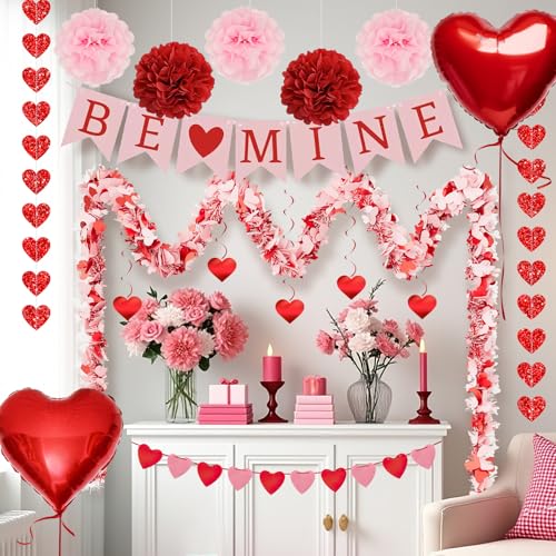 AobkDeco Valentines Day Decorations Set-Assembled Hanging Heart Swirls，BE Mine Banner，Heart Tinsel Garland，Love Heart balloon for Anniversary Wedding Romantic Valentine Party supplies - Image 1