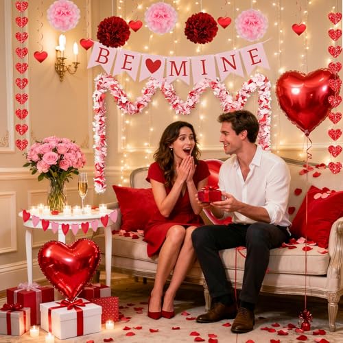 AobkDeco Valentines Day Decorations Set-Assembled Hanging Heart Swirls，BE Mine Banner，Heart Tinsel Garland，Love Heart balloon for Anniversary Wedding Romantic Valentine Party supplies - Image 3
