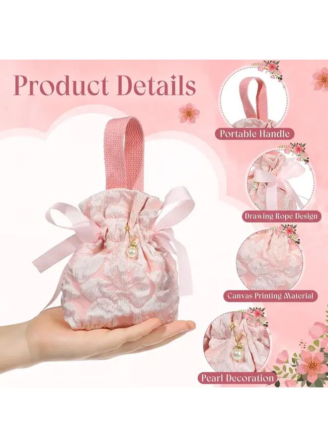 Pink Floral Canvas Gift Bags with Handles 2pcs Mini Drawstring Pouches for Baby Showers Weddings Birthdays Fabric Favor Bags for Parties Celebrations - Image 3