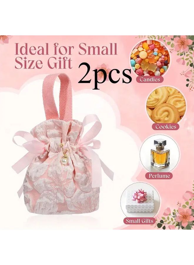 Pink Floral Canvas Gift Bags with Handles 2pcs Mini Drawstring Pouches for Baby Showers Weddings Birthdays Fabric Favor Bags for Parties Celebrations - Image 5