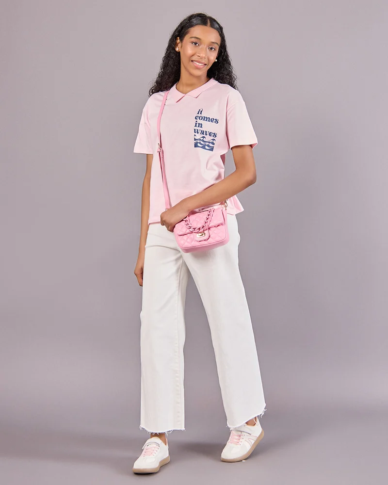 Redtag Senior Girls Pink Collared Boxy Top