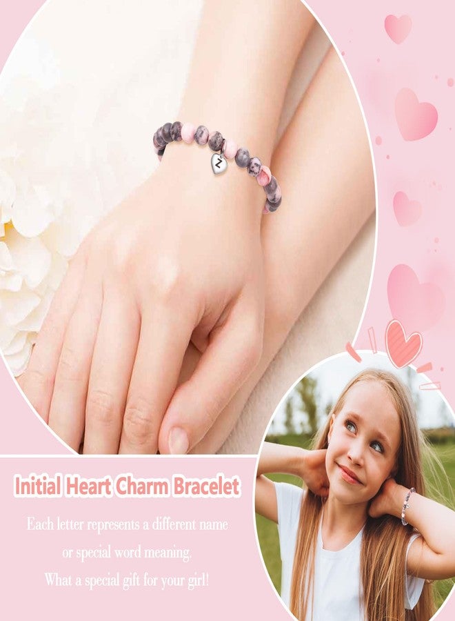 Tirdkid Pink Natural Stone Initial Bracelets for Teen Girls Women, Graduation Friend Birthday Gifts for Girls Jewelry, Letter J Initial Charm Bracelets for Teenage Teen Girls - Image 2