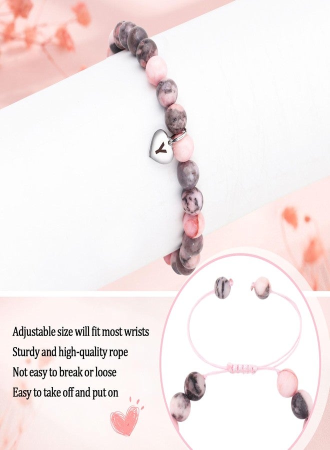 Tirdkid Pink Natural Stone Initial Bracelets for Teen Girls Women, Graduation Friend Birthday Gifts for Girls Jewelry, Letter J Initial Charm Bracelets for Teenage Teen Girls - Image 3