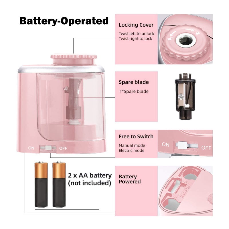Aogwat Pencil Sharpener Electric Pencil Sharpener for Kids, Blade to Fast Sharpen, Suitable for No.2/School/Classroom/Office/Home (Pink) - Image 2